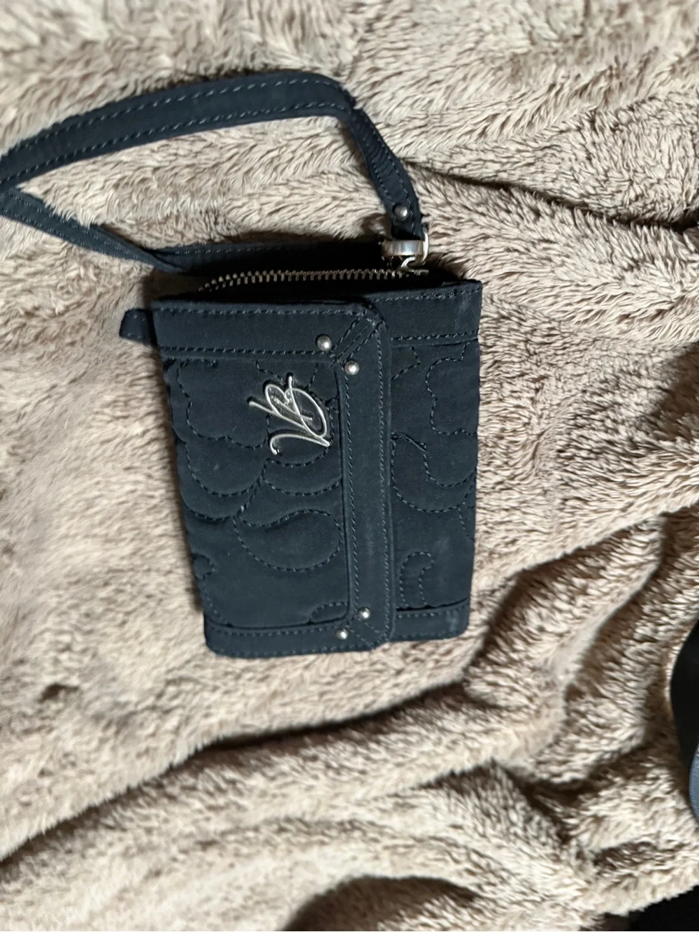 Vera Bradley Black Quilted Wristlet with Silver Script Logo